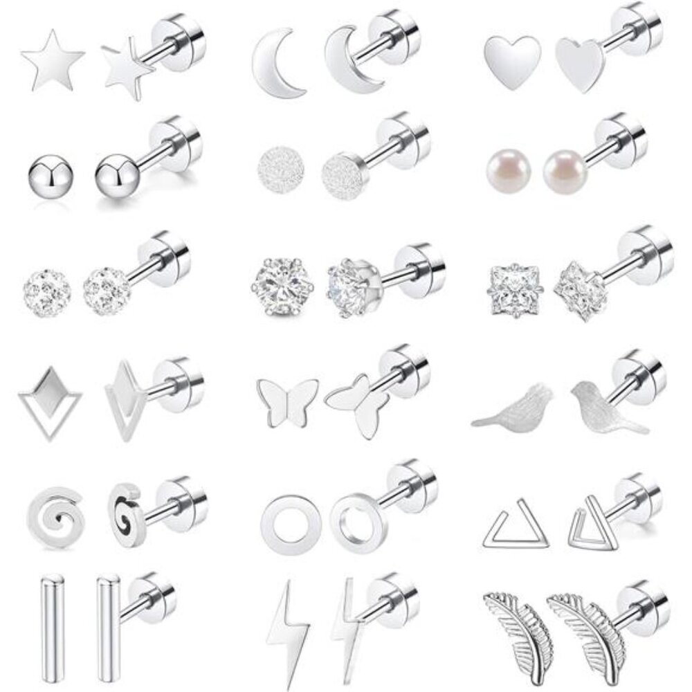 18 Pairs Stainless Steel Stud Earrings Set for Women Men Star Moon